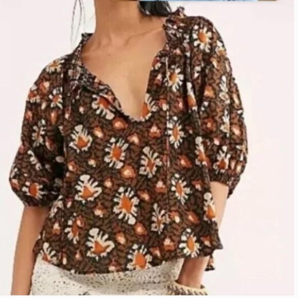 FREE People Willow Printed Peasant Blouse Brown Orange Small Boho Bohemian XS - Picture 1 of 7